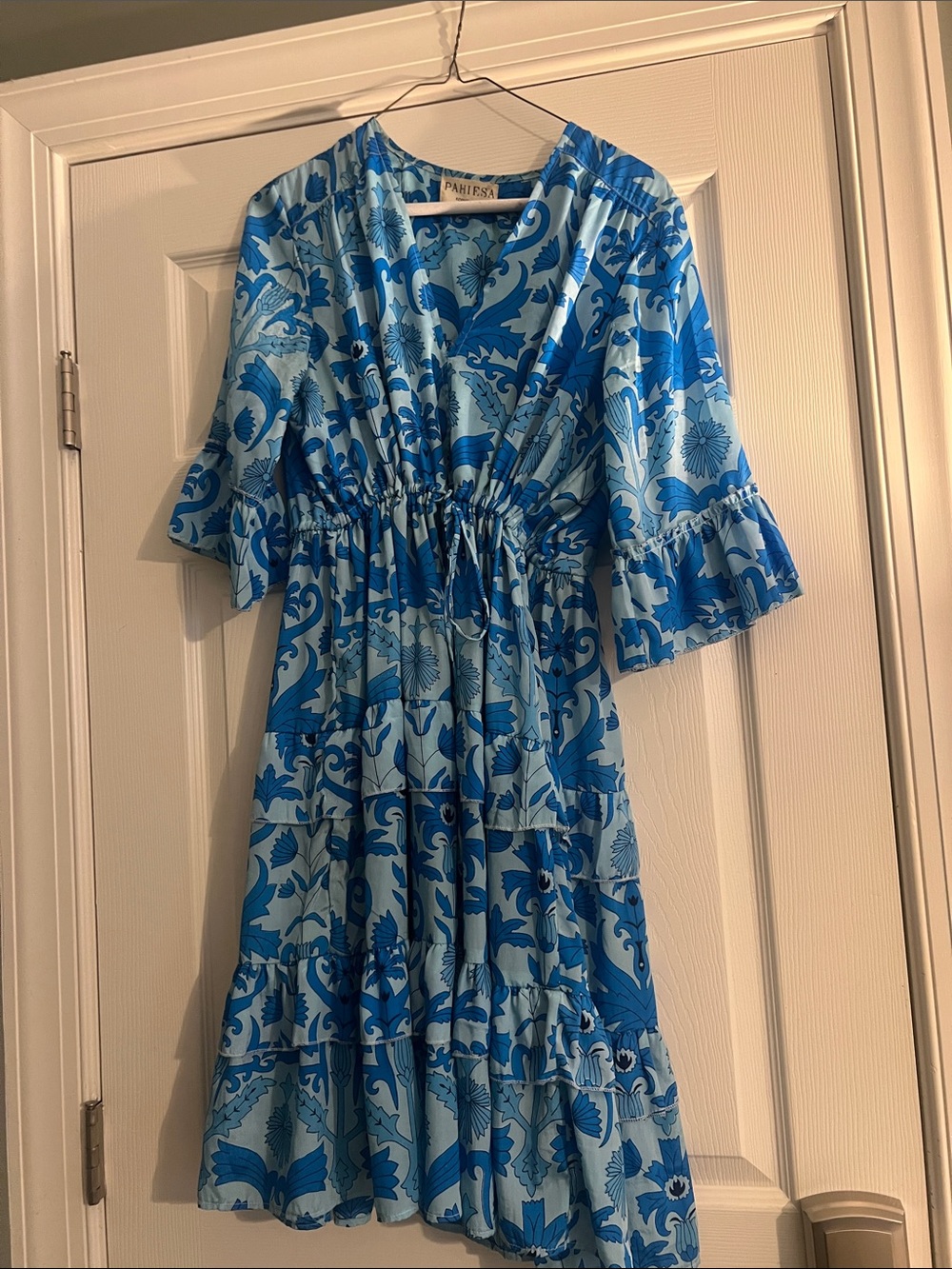 Pahiesa Blue Floral Tiered Drawstring Midi Dress